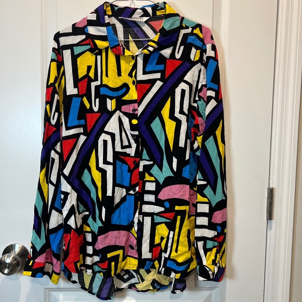 Vintage Big Dart Abstract Geometric Viscose‎ Button Up Blouse Multicolor XL